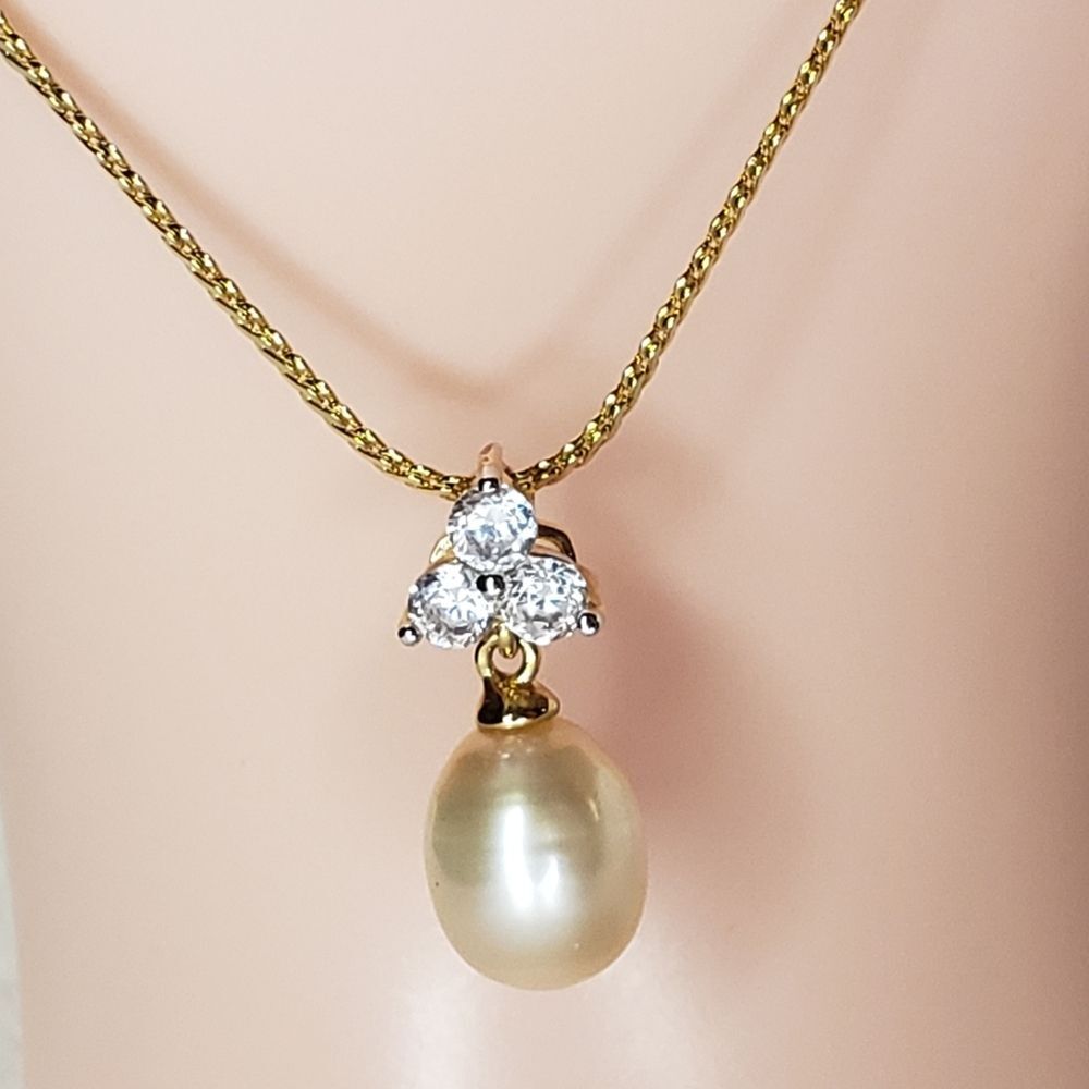 Pearl and CZ Necklace with Gold Chain
